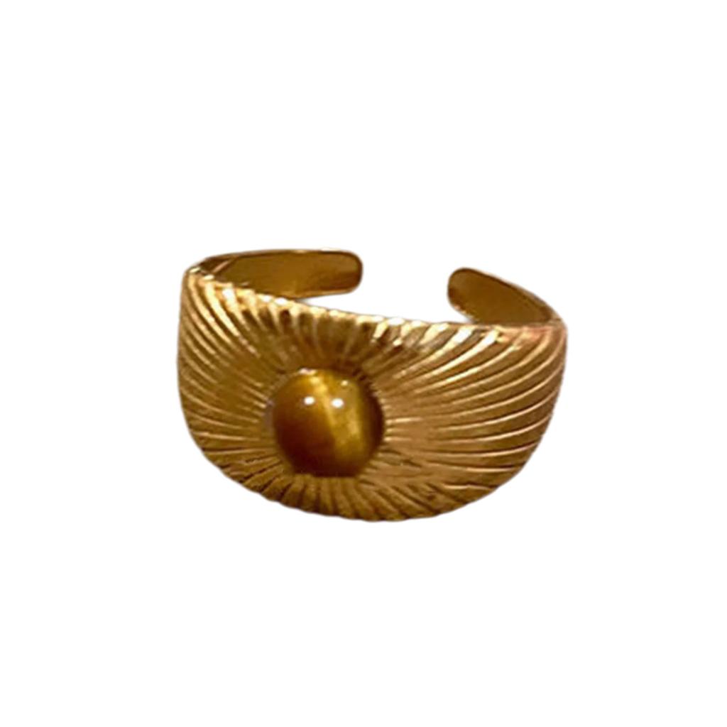 Stylish Adjustable Gold Color Ring Unique Tigers Eye Stone Geometric Finger Accessory Elegant Business Casual Jewelry