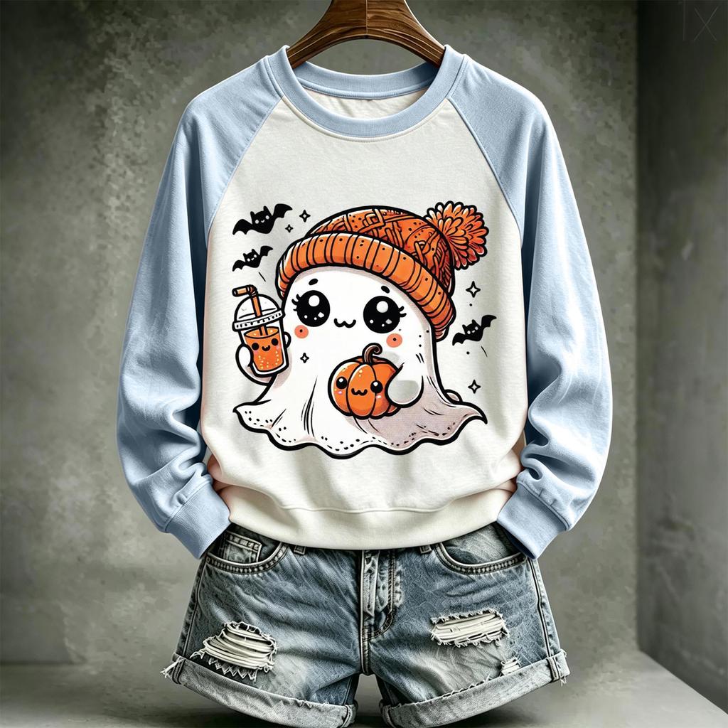 Women's Halloween Printed Neck Pullover Sweatshirt with Cute Design for Holiday