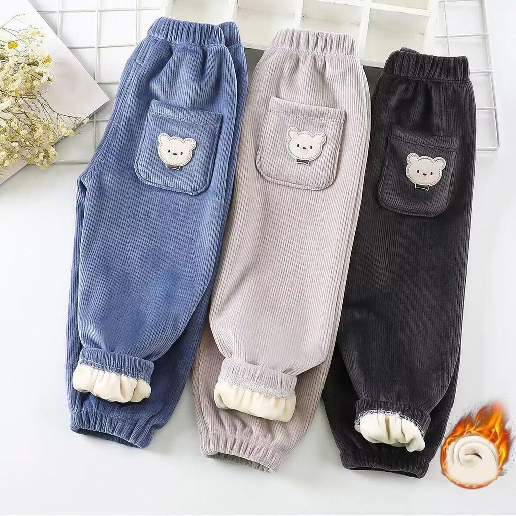 Autumn Winter Children's Warm Sports Long Pants Solid Color Fleece Lined Casual Trousers Mid To Large Child Fleece Pants