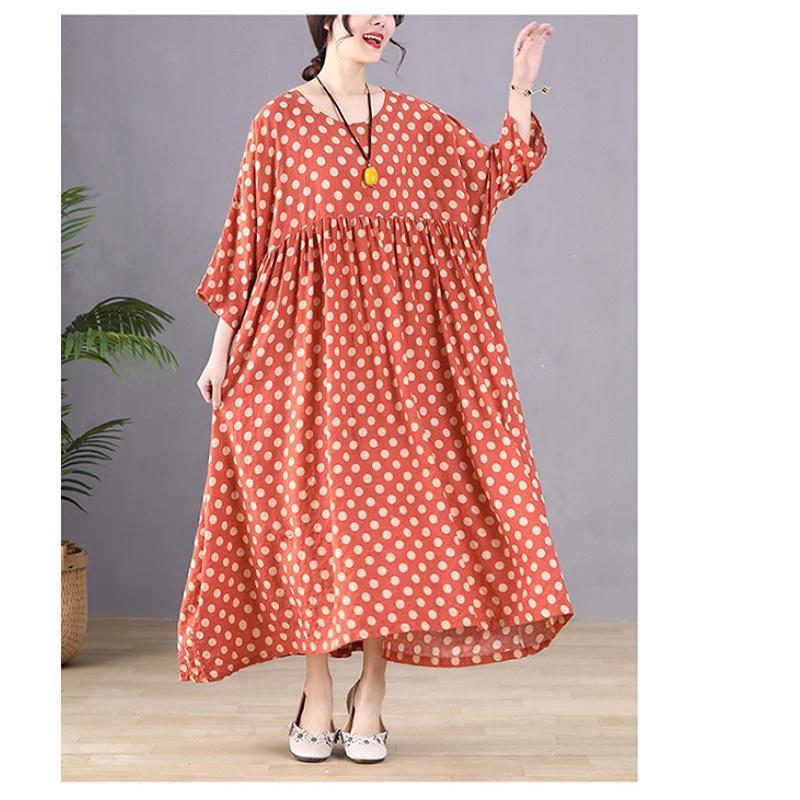 Dimanaf Plus Größe Frauen 2023 Neue Sommer Stil Kleid Lange Hülse O-ansatz Floral Lose Kleid Grün Leinen Grund Kleider