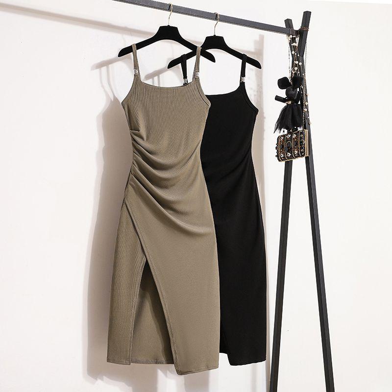 Plus Size Slimming Camisole Dress - Women's Waist-Cinched Spring/Summer Slit Outerwear Skirt