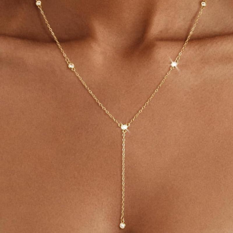 Luxury Stainless Steel Rhinestone Y Shape Necklaces for Women Temperament Fine Chain Long Necklaces Fashion Party Jewlery Gifts