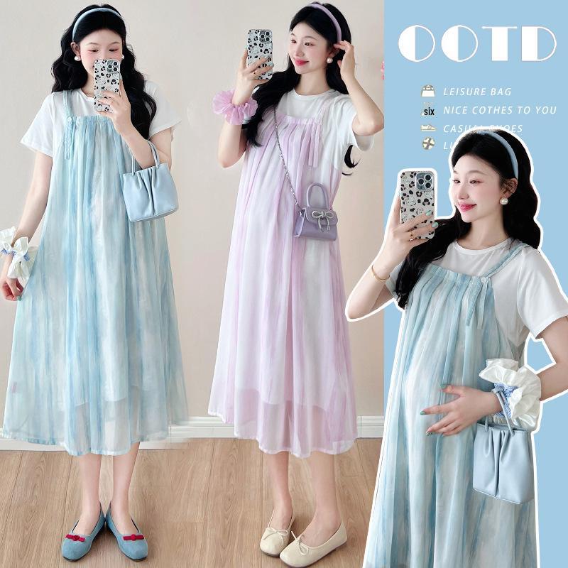 2026 Summer Maternity Fashion: Short-Sleeve T-Shirt & Pleated Camisole Dress Set M