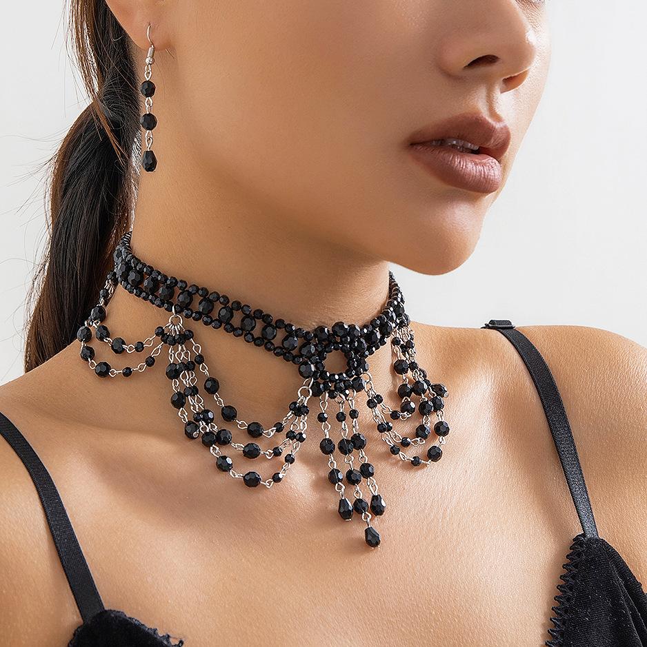Vintage Gothic Black Beaded Necklace Earrings Set for Women Crystal Tassel Chains Jewelry Sets Party Costume Accessories