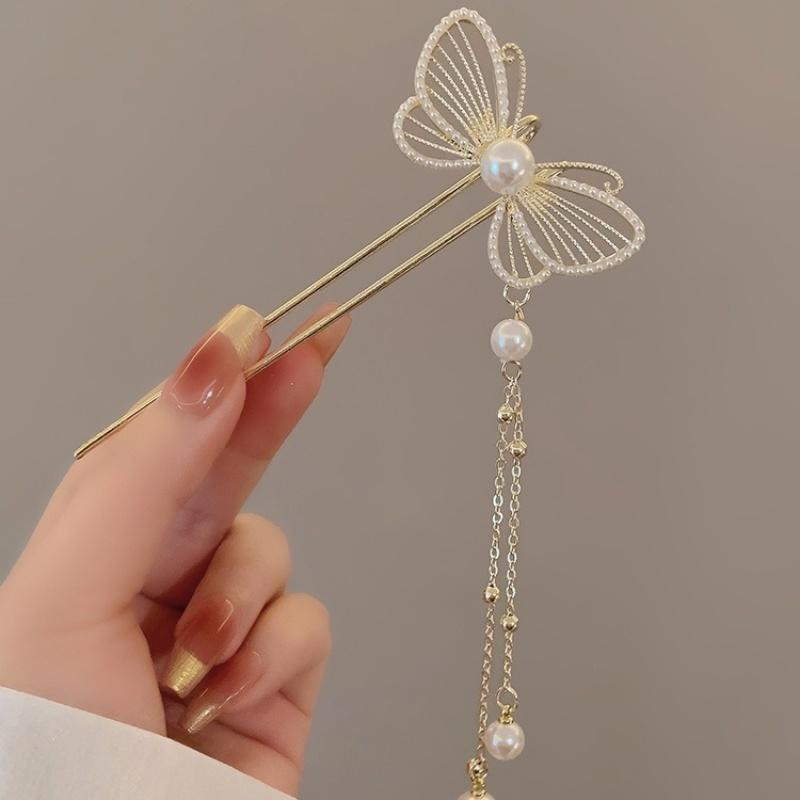 Classic Chinese Butterfly Pearl Tassel Hair Stick for Women Handmade Metal Hairpins Charm Jewelry Accessories Styling Tools