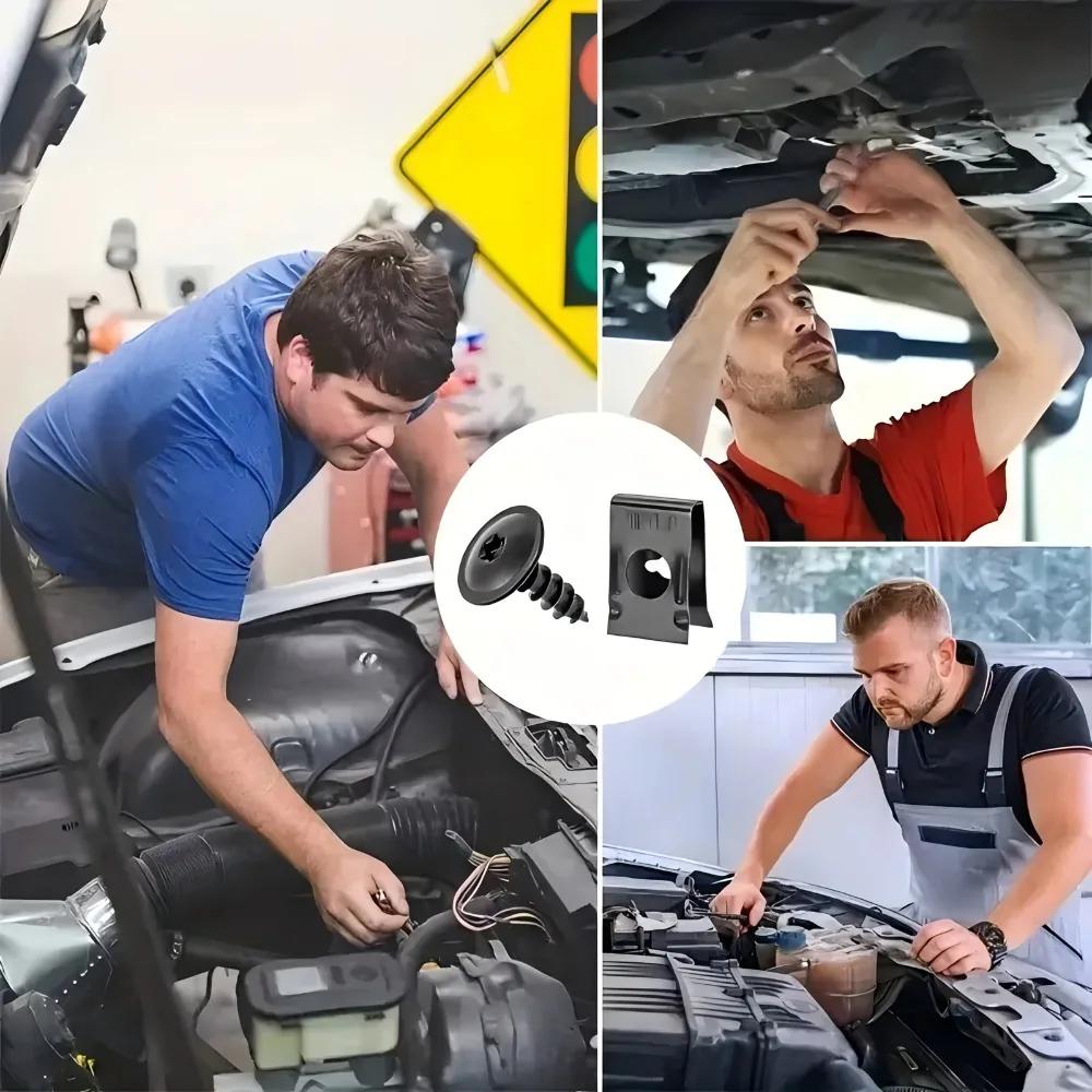 10/20/50pairs Screws Plus Metal U-Bolt Clips for Car Body Bumper Baffle Fasteners Threaded Clips Engine Hood Chassis Hood
