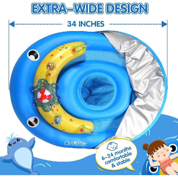 Baby Pool Float with Canopy UPF50+ Sun Protection, 6-24 Months Inflatable Infant Swimming Ring, Bath Floatie, Swimming Pool Accessories, and Toy Play