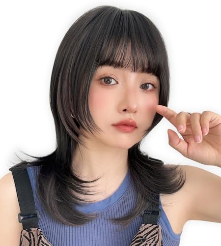 Brightlara Natural Medium Wolf Hair Wig, Semi-Long Wolf Cut, Full Wig for Women, hf1888-GRE