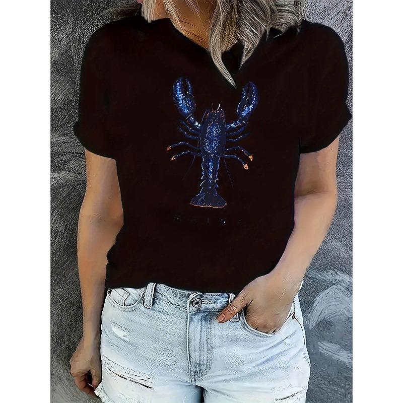 Creative Lobster Pattern Printed Women'S Trendy Short-Sleeve Shirt, Easy Casual Sports T-Shirt, Comfortable Summer Top for Holidays