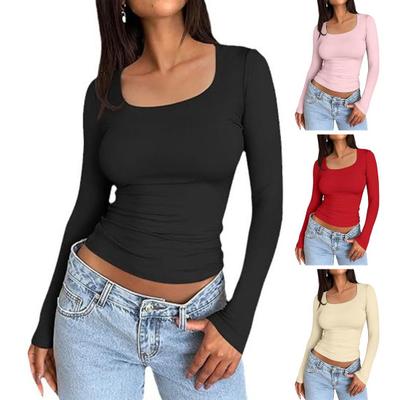 Women Bottoming Tops Scoop Neck Long Sleeve Slim Fit Pullover Tops Solid Color High
