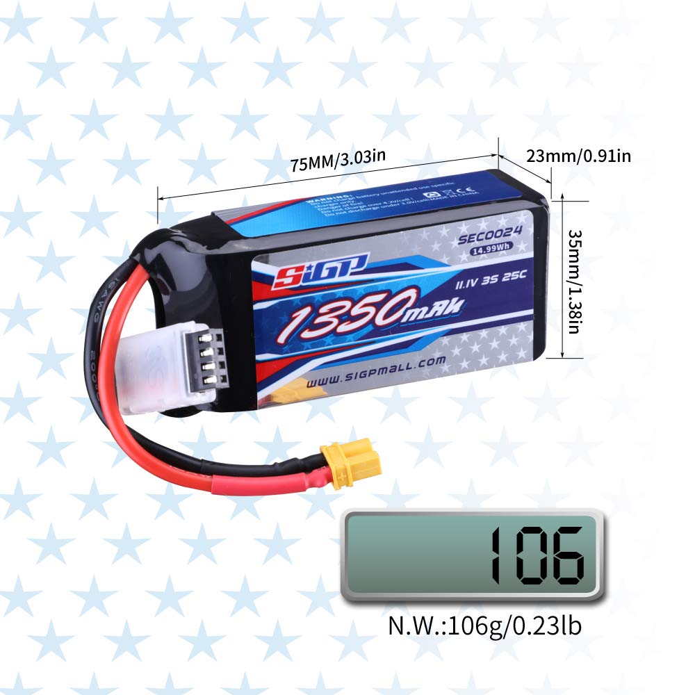 SIGP 11.1V 3S LiPo 1350mAh 25C RC Soft Pack with XT30 Plug for RC Airplanes, Quadcopter, Helicopter Drones, FPV Racing, and Hobbies (2-Pack)