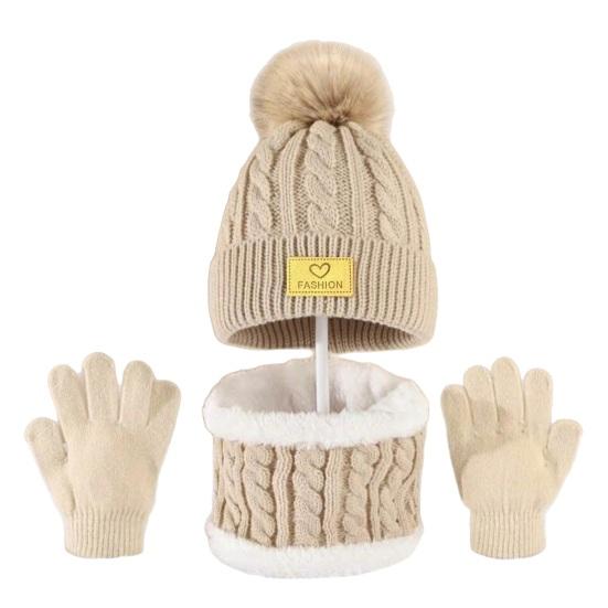 3Pcs/Set Kids Winter Hat Scarf Gloves Set Plush Ball Decor Twist Texture Brimless Hat Knitting Gloves Fleece Lining Neck Gaiter Set