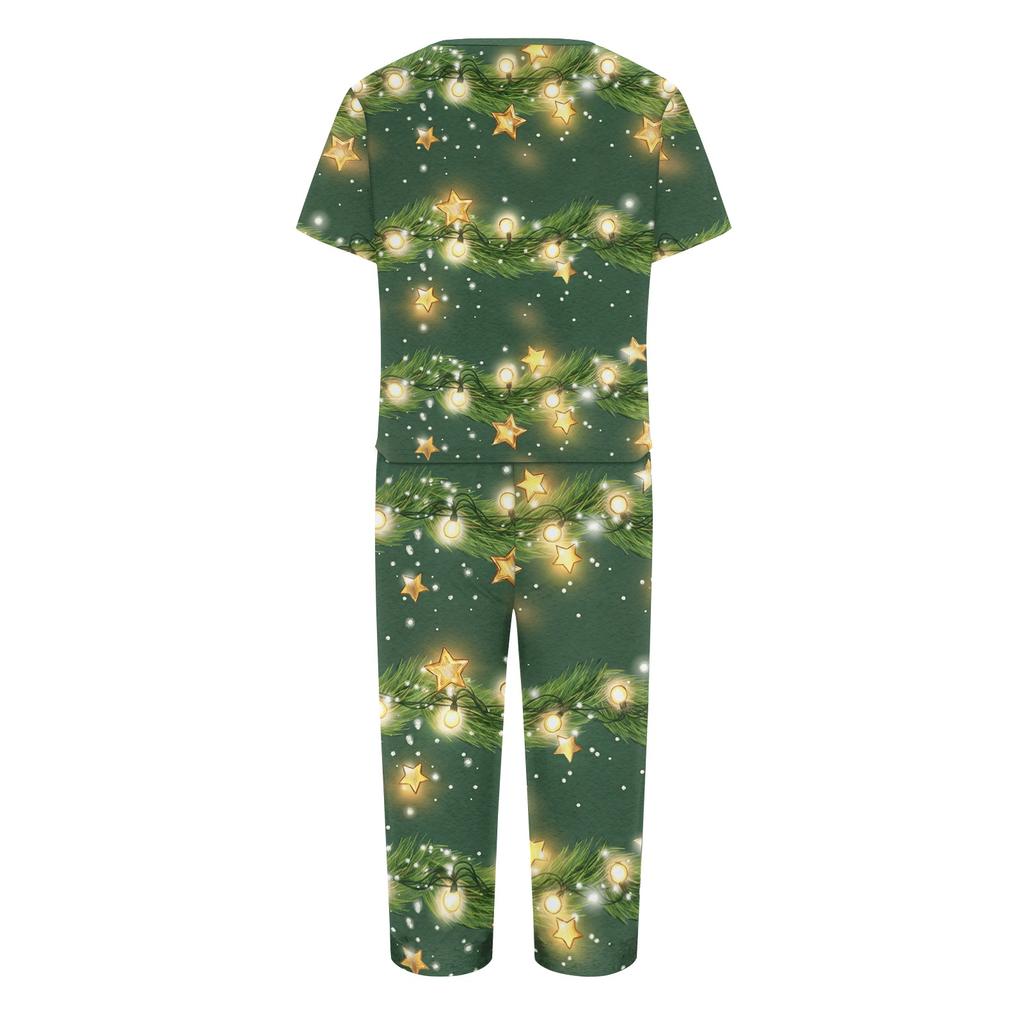 Women's Two-Piece Outfit Set with Christmas Print Short Sleeve Top and Pants