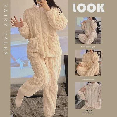 Women's Flannel Zipper Pajama Set - High Collar, Thick Warm Coral Fleece Suit for Autumn & Winter.