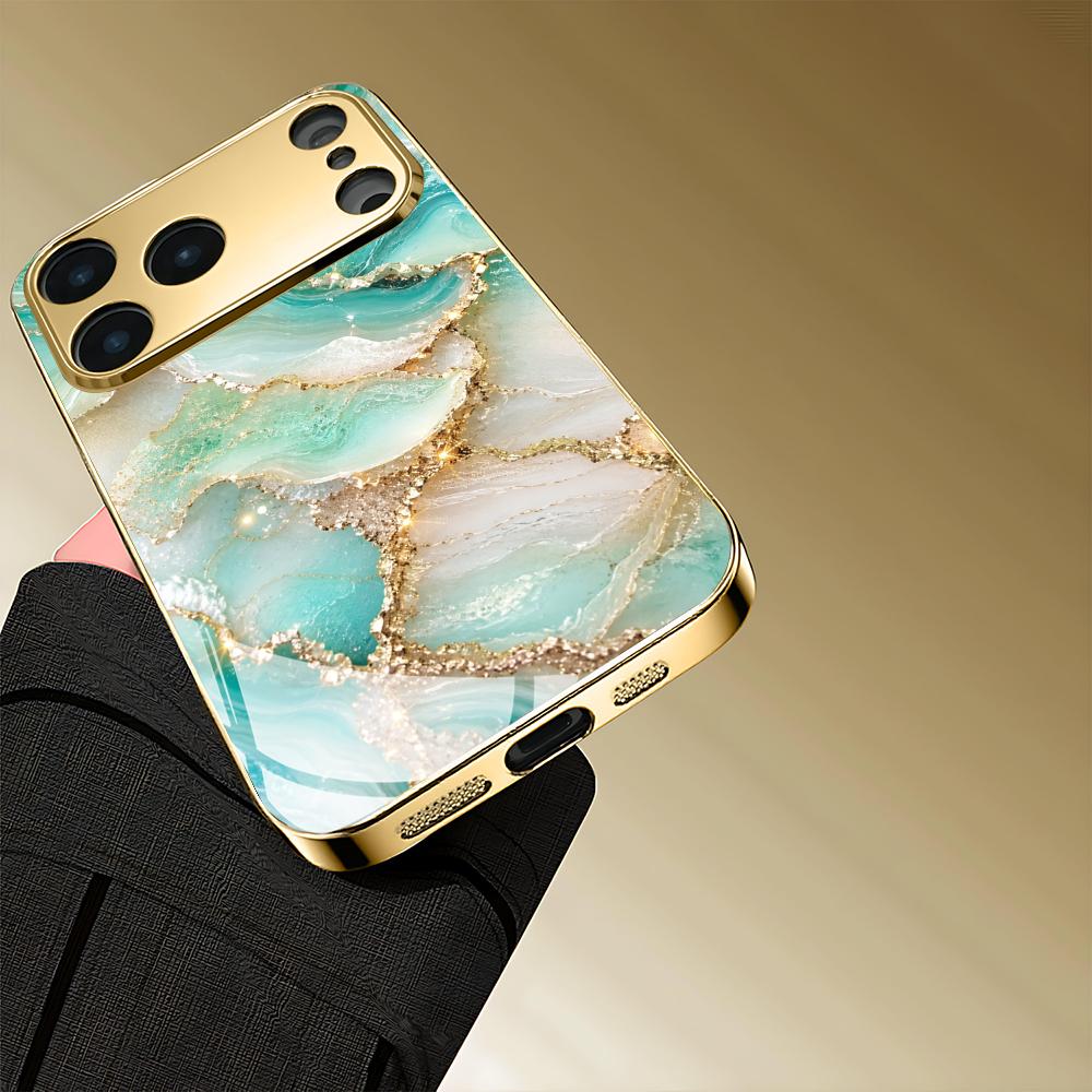Texture Phone Case Gold Electroplated Tempered Glass For iPhone 16 15 14 13 12 Pro Max Shockproof Silicone Hard Back Cover