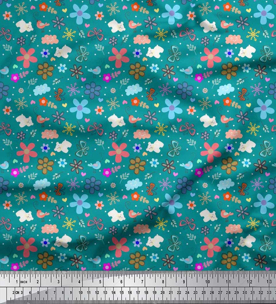 

Тканина для рукоділля Soimoi Japan Crepe Satin, ведмідь, птахи та квіти, друкована тканина, 42 дюйми 42 Inch Wide - Poly Crepe зелений