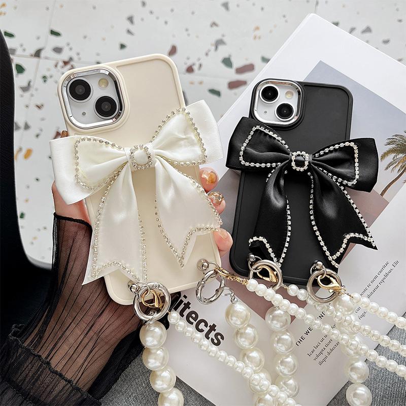 For Apple 16 Promax Solid Color Silicone Phone Case for IPhone 14 Bow 15 Pearl Hand Chain Cross Body