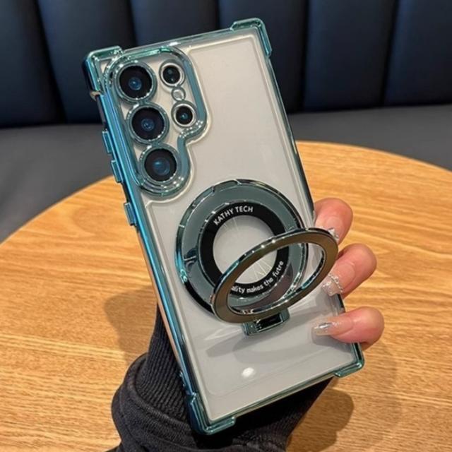 For Samsung S25 S24 S23 Ultra Luxury Holder Stand Plating Frame Transparent Phone Case For Samsung Galaxy S22 Plus A16 A53 Cover