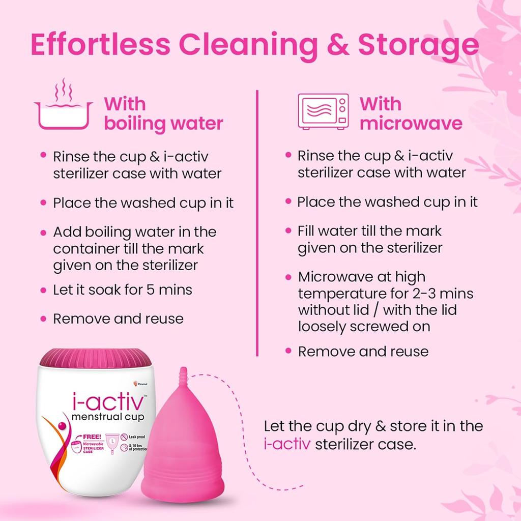 I-Activ Menstruationstasse mit kostenlosem Sterilisatorbehälter | Ultraweiche auslaufsichere Periodentasse ohne Hautausschlag für Frauen | Größe L | 1er-Pack