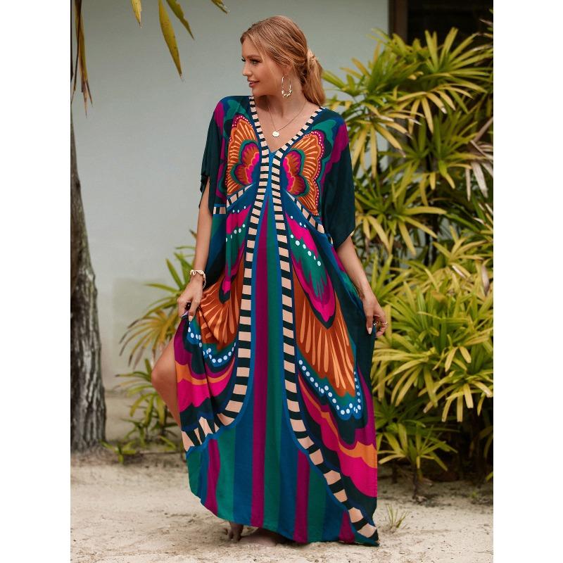 New Printed Robe Beach Resort Loose Plus Size Beach Dress Bikini Swimsuit Smock for Women
