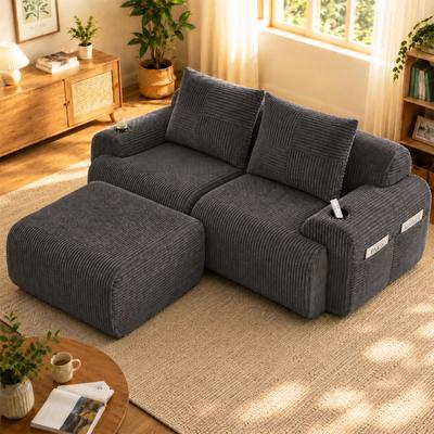 Modular Corduroy Sofa for 2 People (with Stools), Including Drink Holder and Side Storage Bag, Ideal for Living Room and Family Room. Dark Grey
