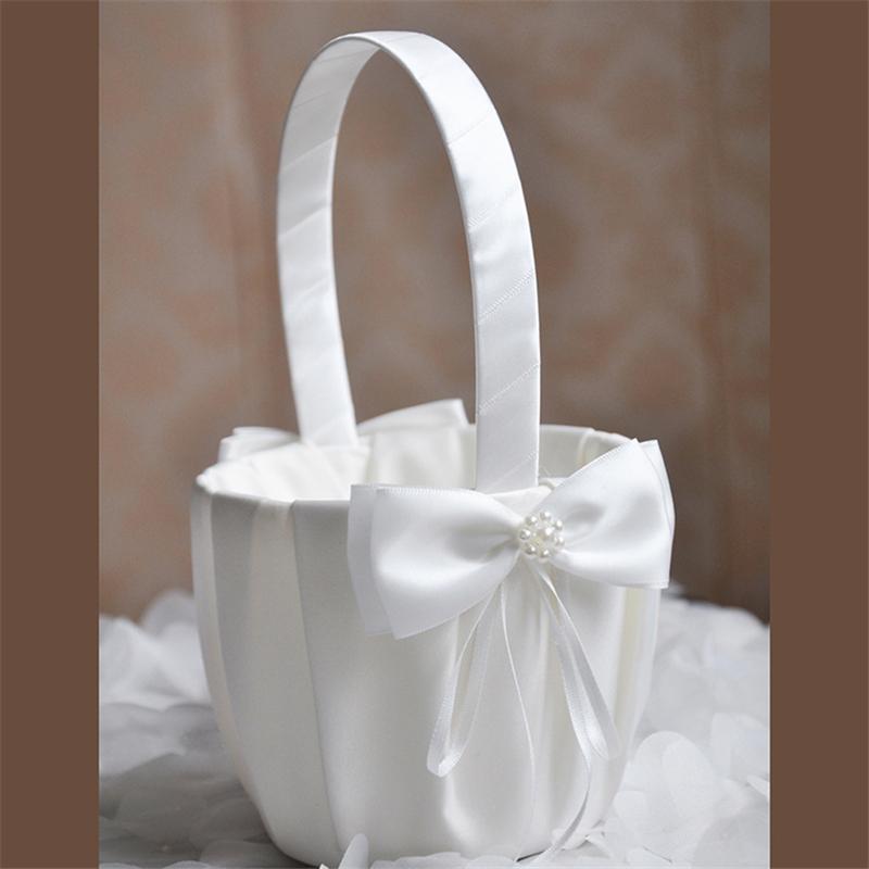 Coș Alb pentru Domnișoare de Onoare cu Flori, Simplu cu Perle, pentru Nuntă, pentru Flori, pentru Mireasă/Copii, de Mână, pentru Decorarea Petrecerii de Ceremonie de Nuntă
