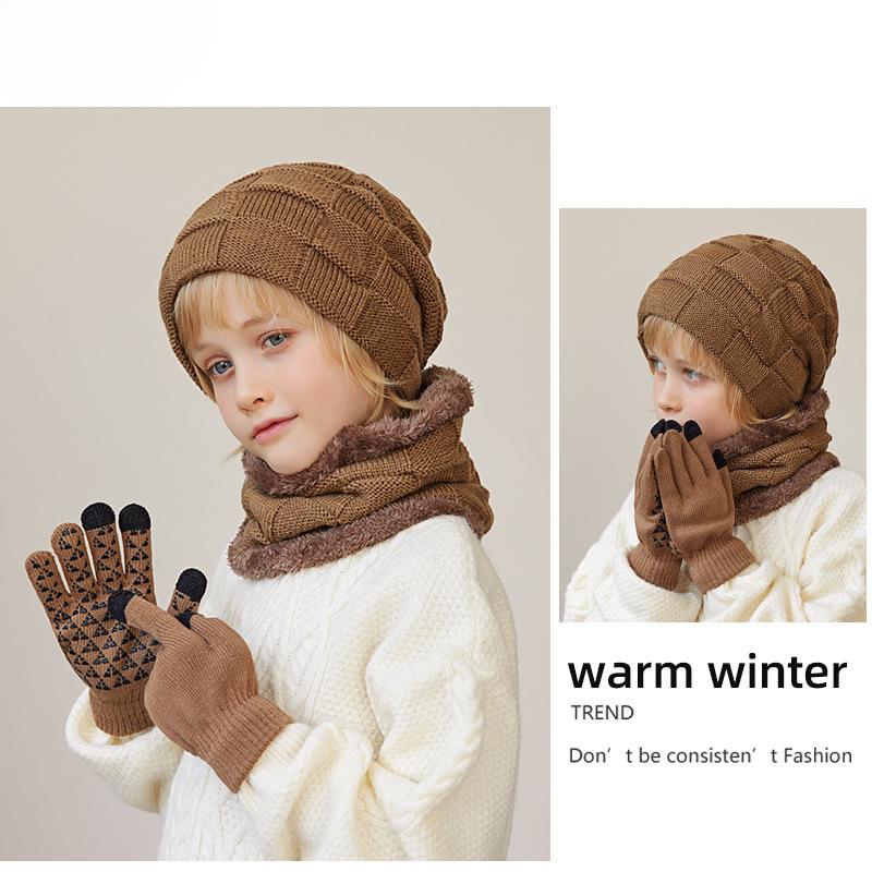 Children's Hat Gloves Scarf Winter Outdoors Fleece-lined Thermal Head Cover Knitted Woolen Cap