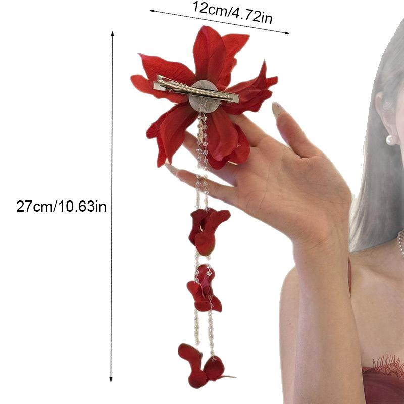 Flower Duckbill Clip Simulation Flower Hairpin Glass Beads Long Tassel Hairpin Girls Women Headdress Accessory