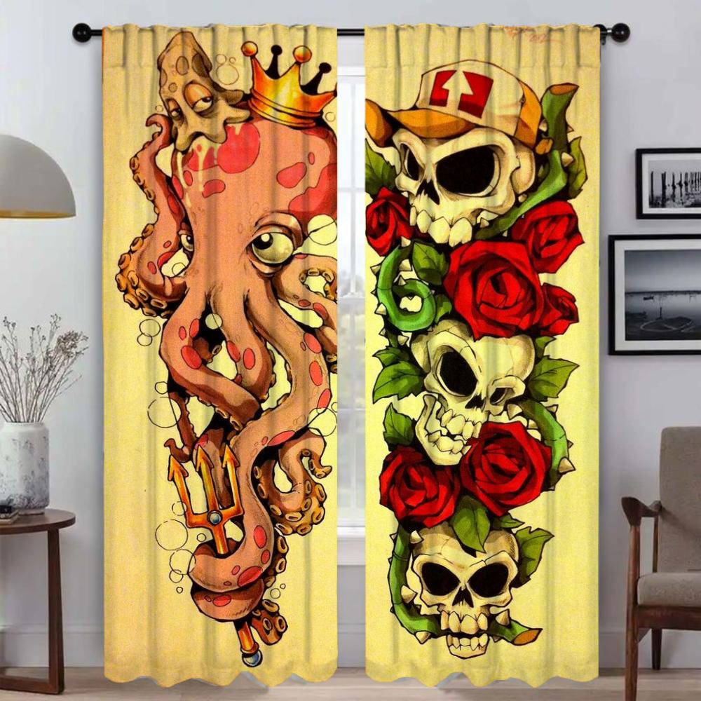 Set Of 2 Elegant New School Tattoo Curtains Camera Room Shades Tulle Bedroom Window Curtain Blinds Darkening Polyester Ideal For