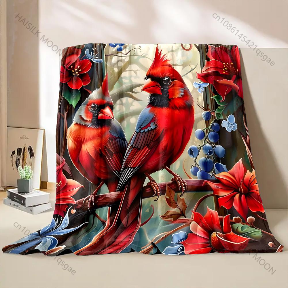 Red Cardinals with Vibrant Flowers Pattern Blanket Flannel Material Soft Warm for All Seasons, Home Outdoor Camping Picnics RV