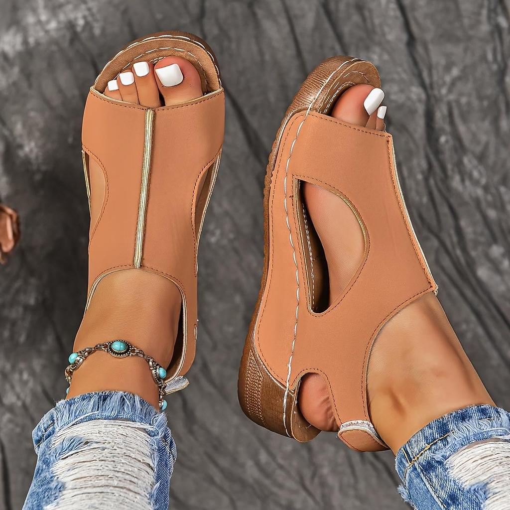 Women's Solid Color Wedge Heeled Sandals, Casual Open Toe Platform Shoes, Comfortable Ankle Strap Sandals