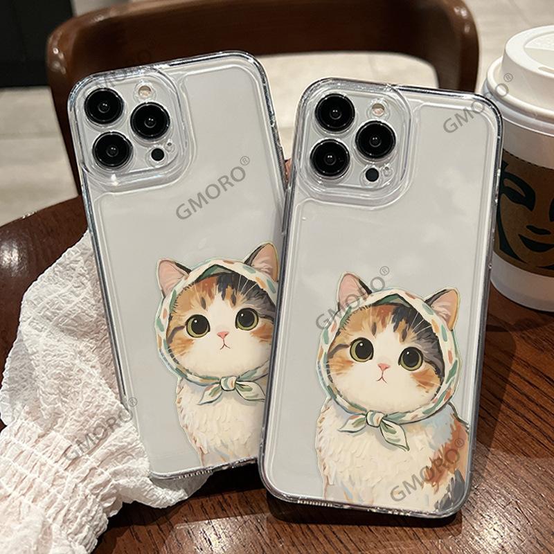Oil painting cat is suitable for Apple 17promax transparent mobile phone case, girls iphone16 cute soft girl protective case.