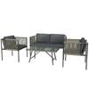 4-Piece Garden Furniture Set, 1 Sofa, 2 Armchairs, 1 Table with Glass Top, Cushions, Steel Frame, Plastic Rattan, Gray