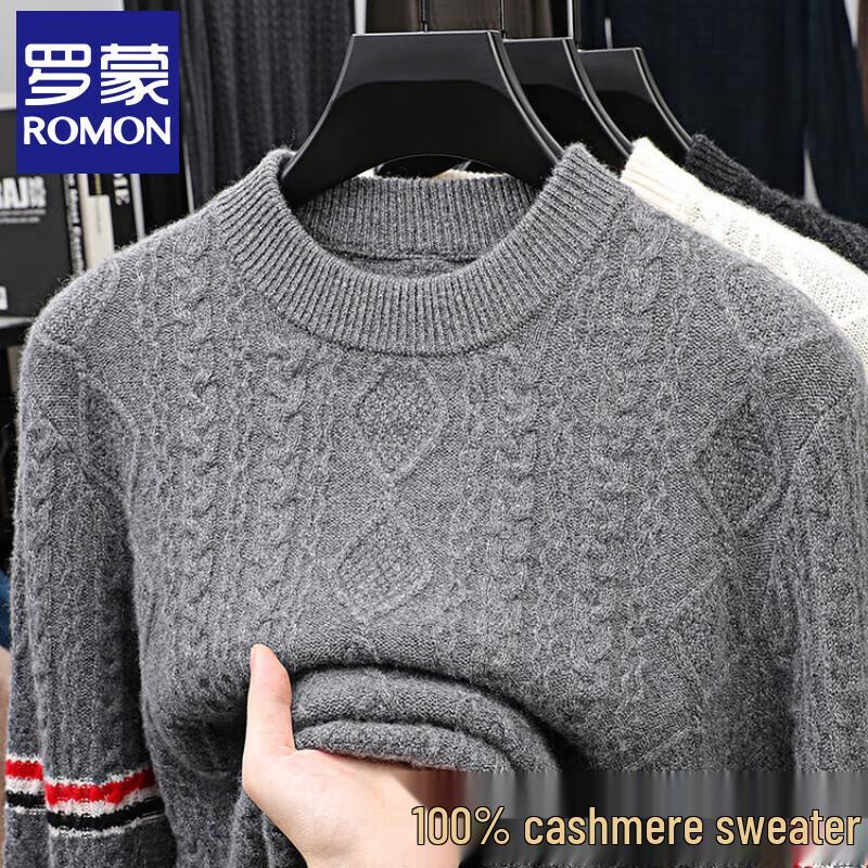 ROMON Men's 100% Cashmere Jacquard Round Neck Sweater