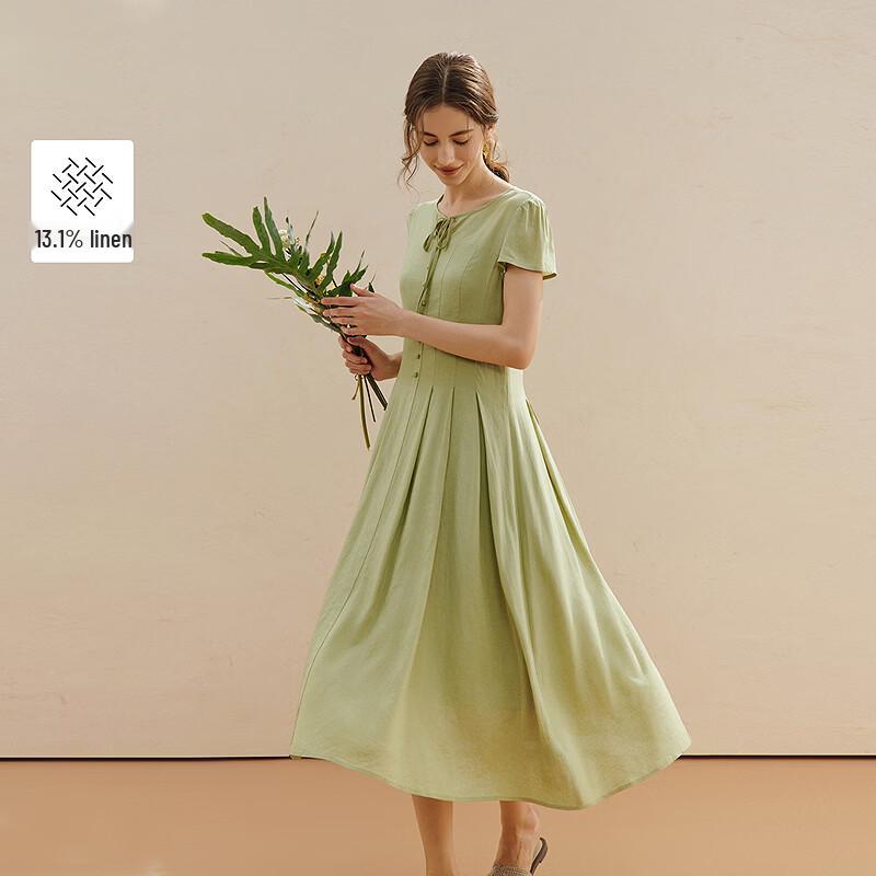 INMAN Linen Blend Round Neck Tie-Waist A-Line Midi Dress L
