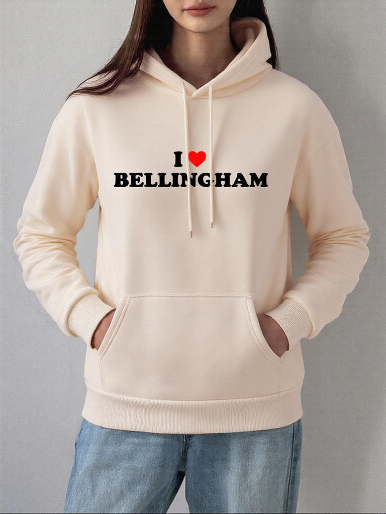 Ich liebe Bel Letter Bellingham Druck Hoodies Damen Winter Fleece Warmes Sweatshirt Lässiger Kängurutaschen-Pullover Street Locker Kleidung