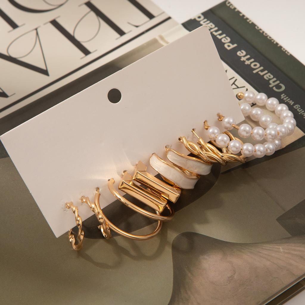 Retro Metal Geometric Personality Simple Retro Pearl Earrings Set Combination 6-Piece Set Women