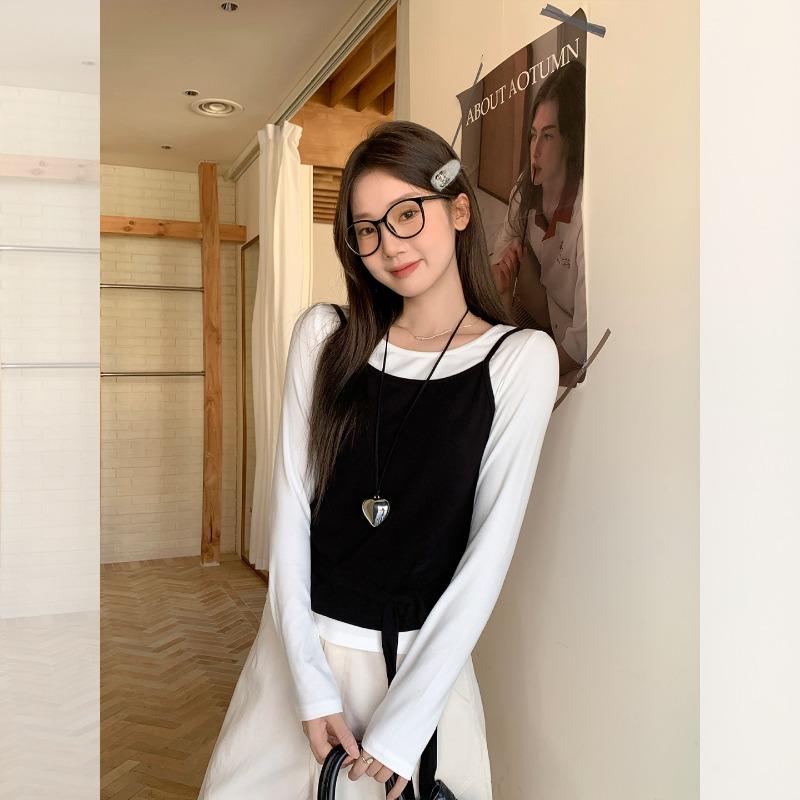 New Spring and Autumn Two-piece Solid Color Long-sleeved T-shirt Layered Vest Slim Fit Top for Women