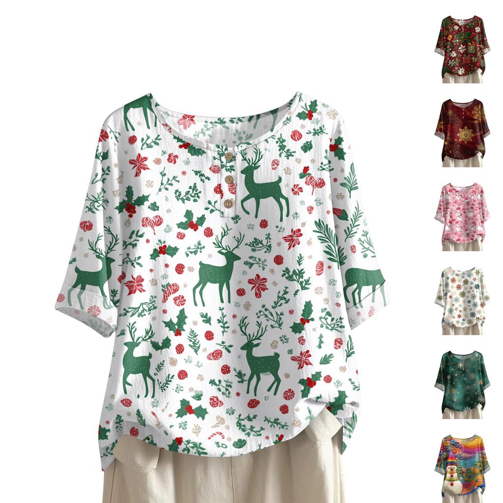 Women's Fashionable And Casual Shirt Half-sleeve Round Neck Print Cotton And Linen Blouse Top