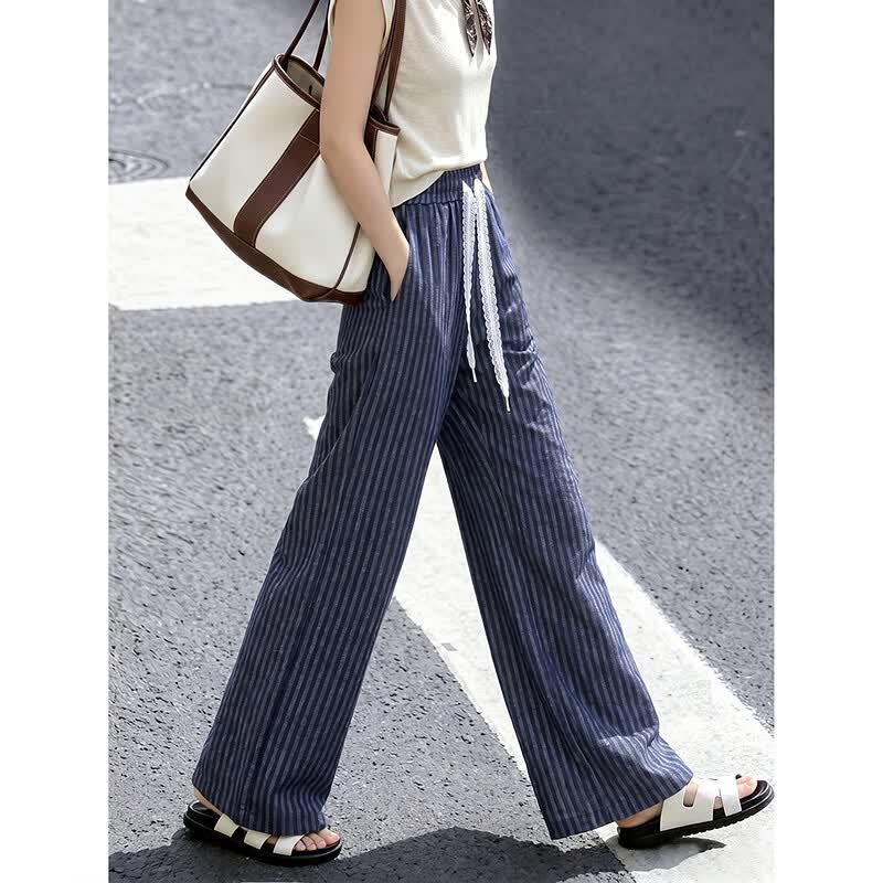 Linen Blend Striped Elastic Waist Straight-Leg Pants L