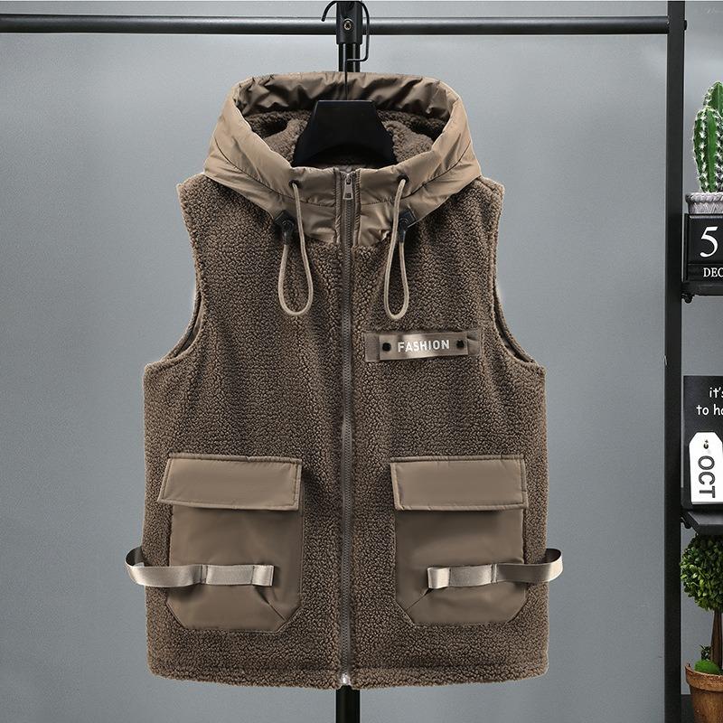 Men Plus Size Warm Hooded Thick Fleece Lined Casual Winter Sleeveless Vest