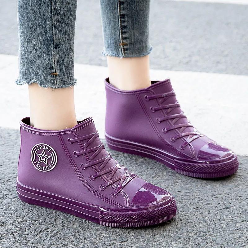 Adult Waterproof PVC Canvas Shoes Women Platform Ankle Rain Boots Outdoor Rain Shoe Ladies Non Slip Plus Cotton Silicone Boots