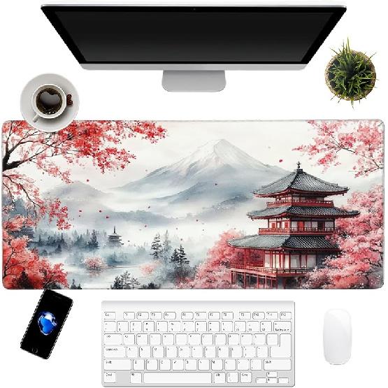 Japanese Cherry Blossoms Art Mouse Pad 31.5"x12" Large - Japanese Traditional Design Water-Resistant Surface Desk Mat with Non-Skid Base for