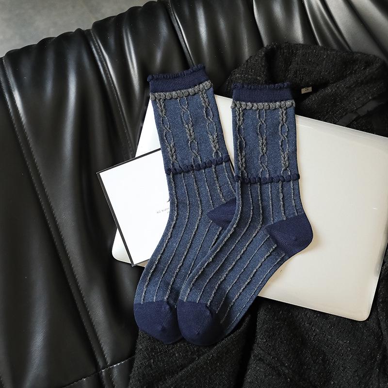 

Retro Women s Mid-Calf Pile Socks - Japanese Korean Style, Dark Blue Series, Trendy Fashion for Spring & Autumn Women s One Size (34-40)
