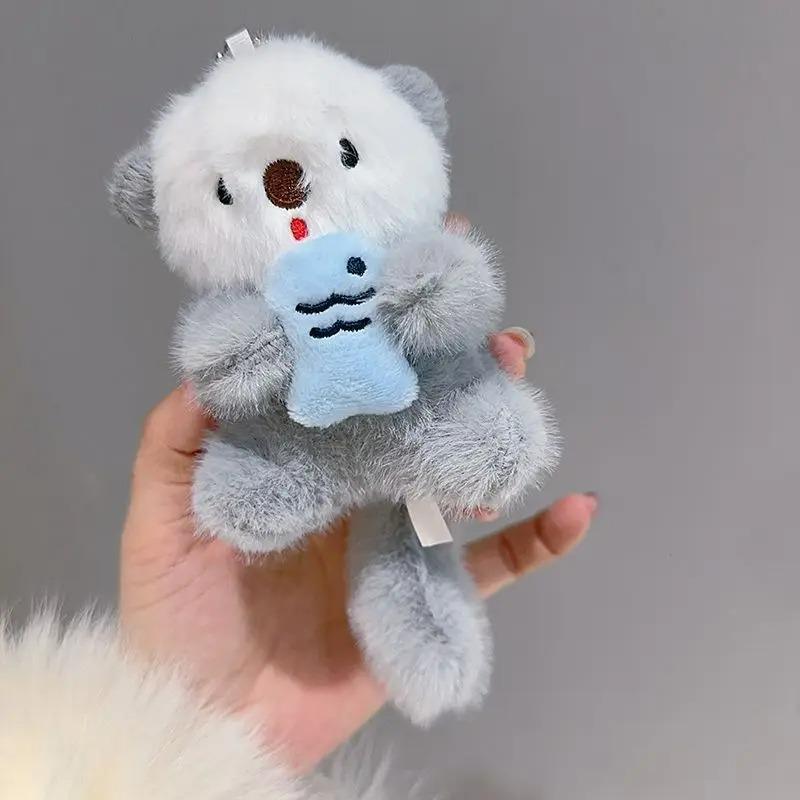 3pcs Cartoon Otter with Fish Plush Keychain Ocean Theme Backpack Charm Cute Healing Doll Pendant Small Gifting Ideas