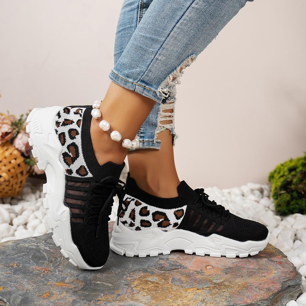 Women Casual Shoes Breathable Walking Mesh Flat Shoes Platform Sneakers Women Vulcanized Shoes Leopard Female Footwear