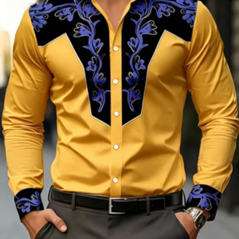 Men's shirt long sleeved printed shirt European and American business lapel