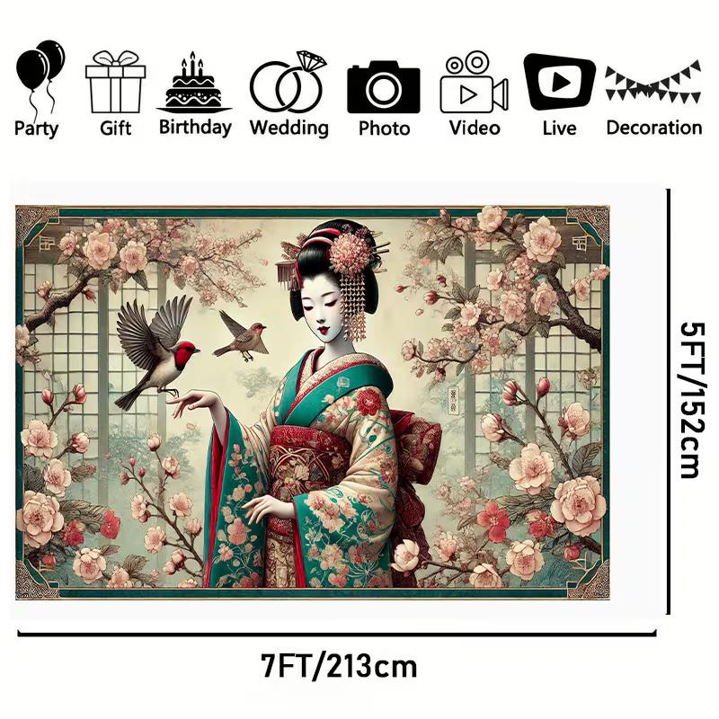 2D Japanese Geisha Cherry Blossom Backdrop Party Background Banner