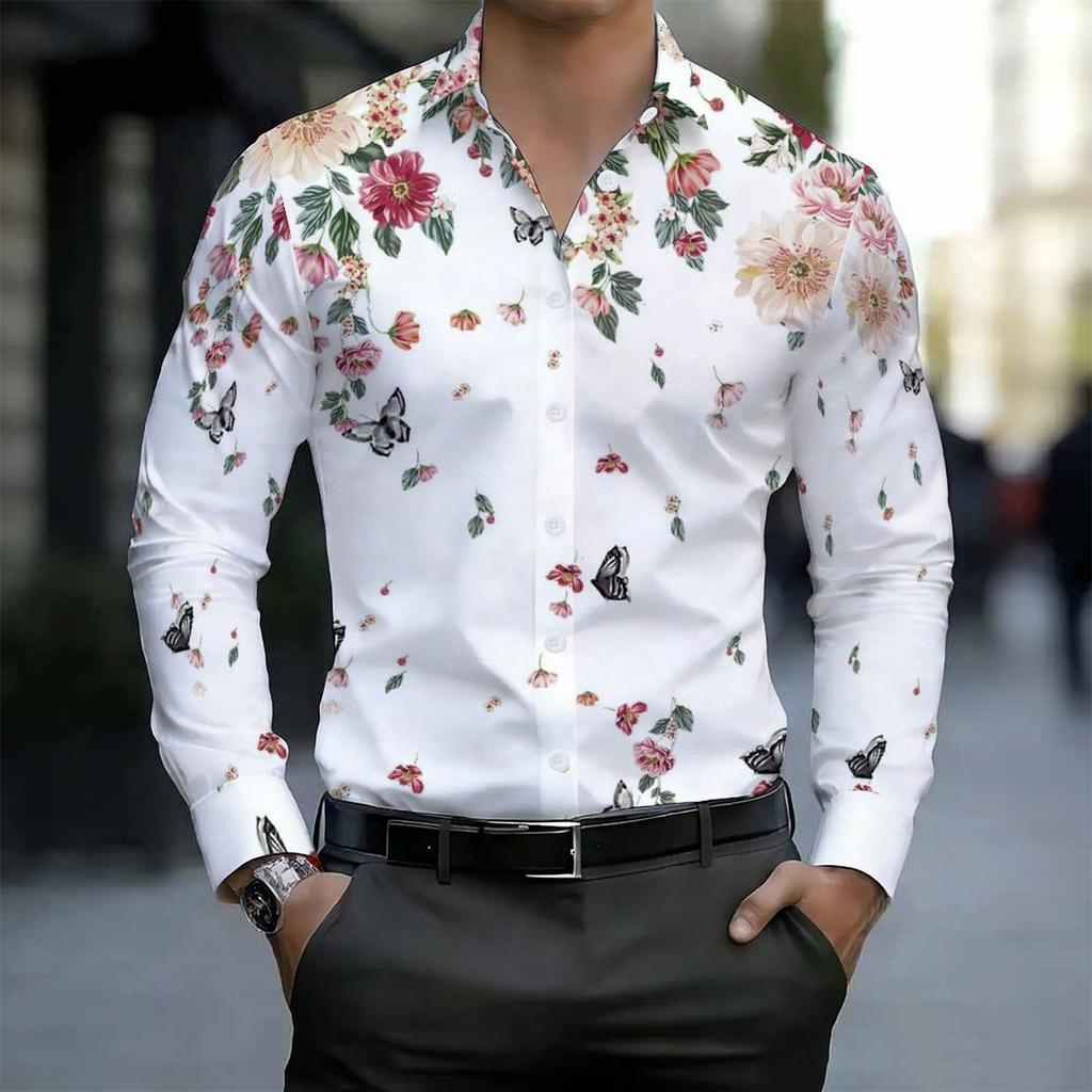 Camisa de Hombre con Cuello Blanco Multicolor Acuarela Hierba Silvestre Estampado Floral Manga Larga Botones Arriba