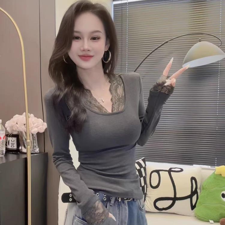 Pure Desire Women's Lace Patchwork V-Neck Long Sleeve Top - 2025